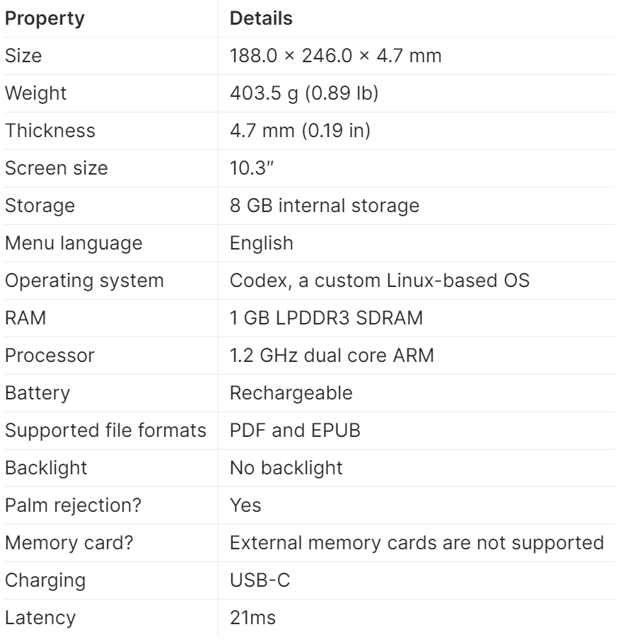 The reMarkable 2 Technical Specifications